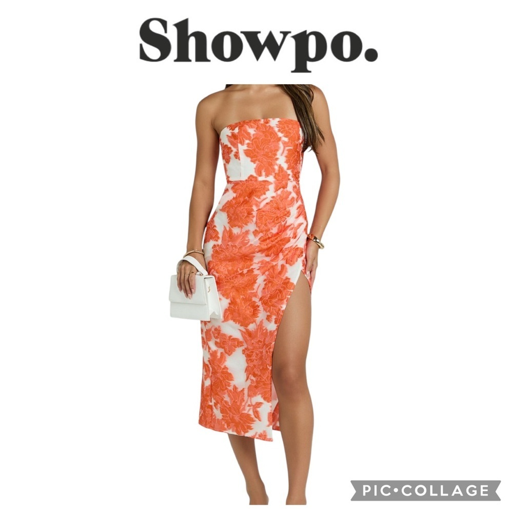 Showpo jacquard strapless cocktail midi dress orange white size 8 NWT $100
